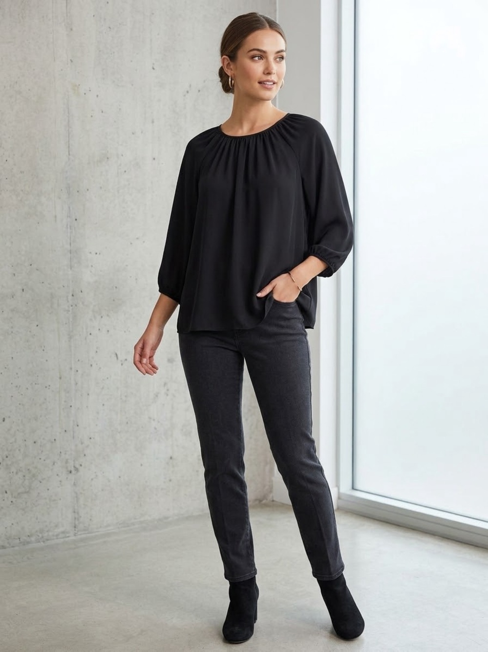 Old Navy Black Gathered Neck 3/4 Sleeve Blouse Top XXL